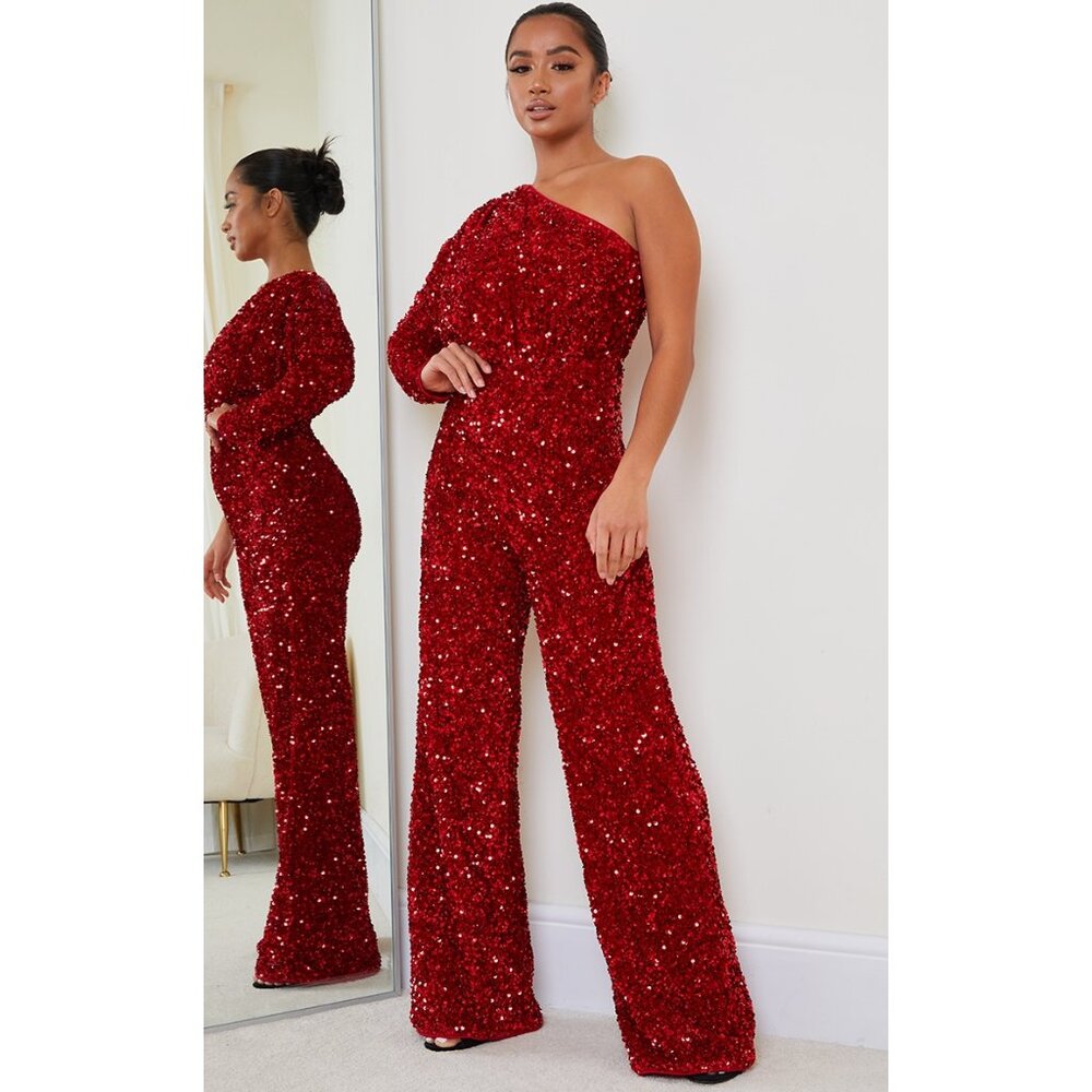 ** SOLD** PLT Petite Red Sequin Glam One Shoulder Wide Leg Jumpsuit